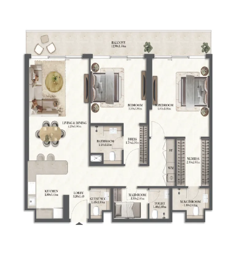 Rotana Residences North Tower — планировка 2 BR Type A