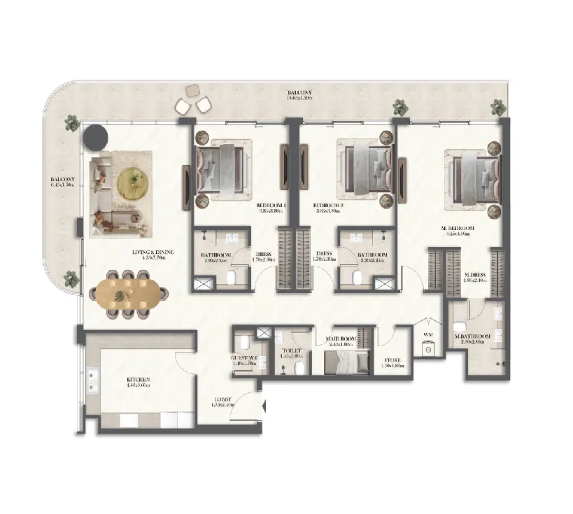 Rotana Residences North Tower — планировка 3 BR Type A