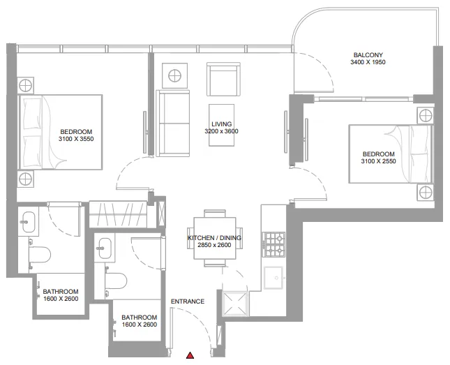 Yachtside Marina Residences — планировка 2 BR Type A