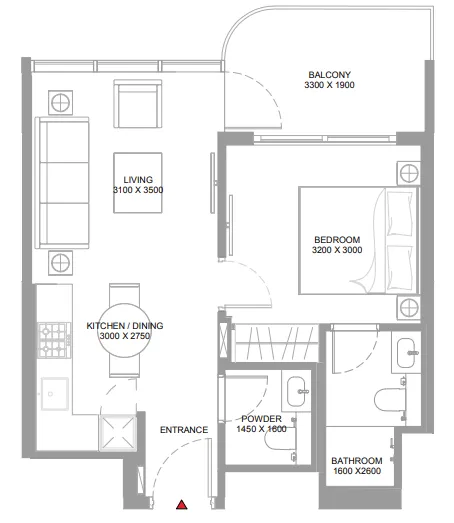 Yachtside Marina Residences — планировка 1 BR Type C