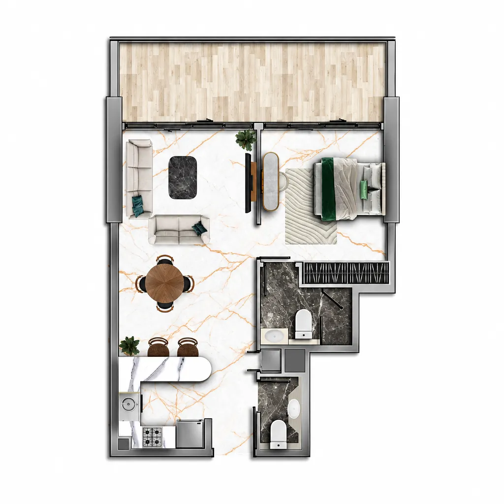 77S Tower — планировка 1BR Type A