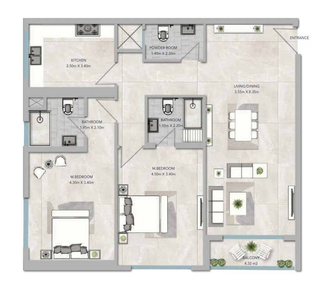 Al Aamra 3 Tower — планировка 2 спальни