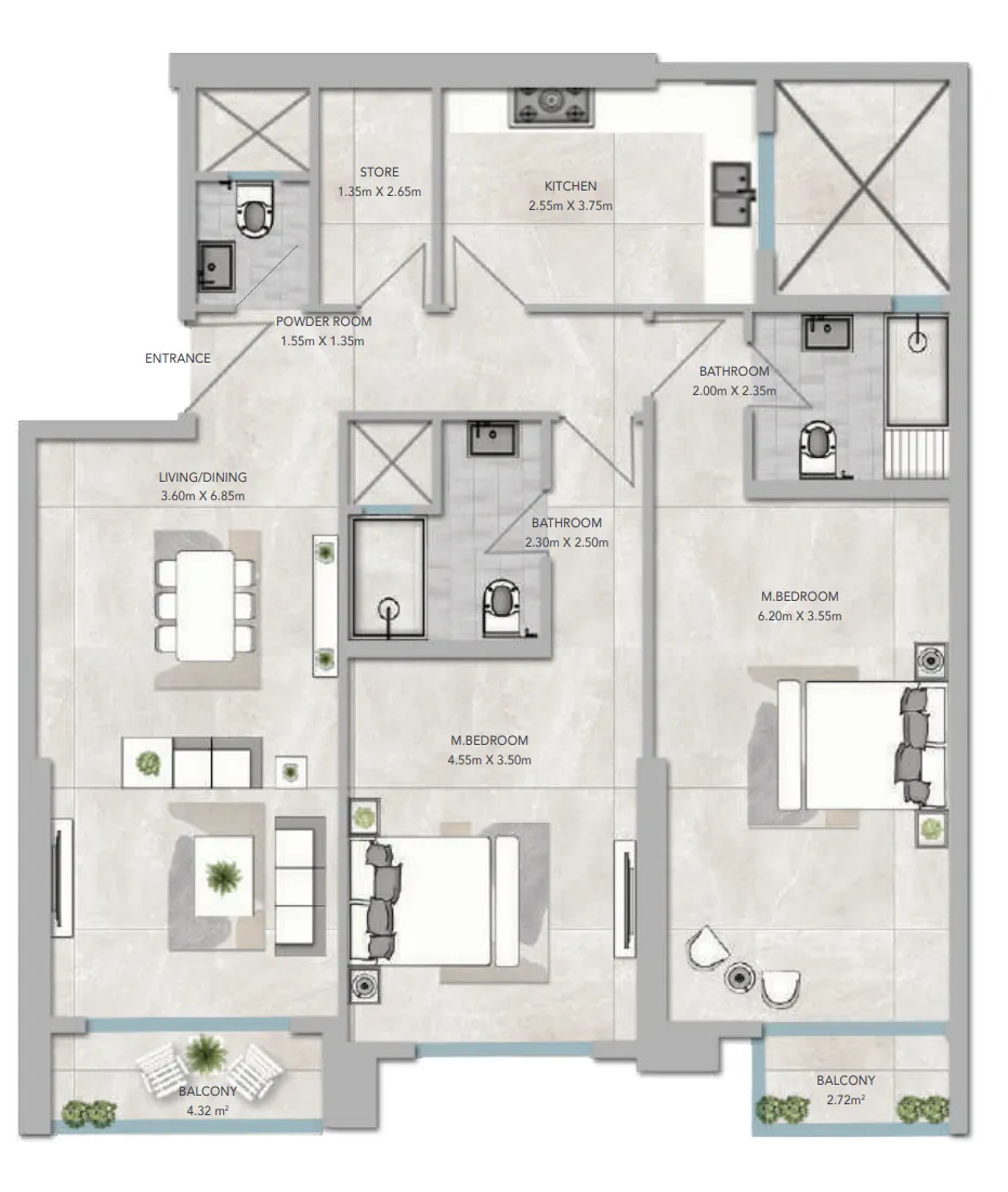 Al Aamra 3 Tower — планировка 2 спальни