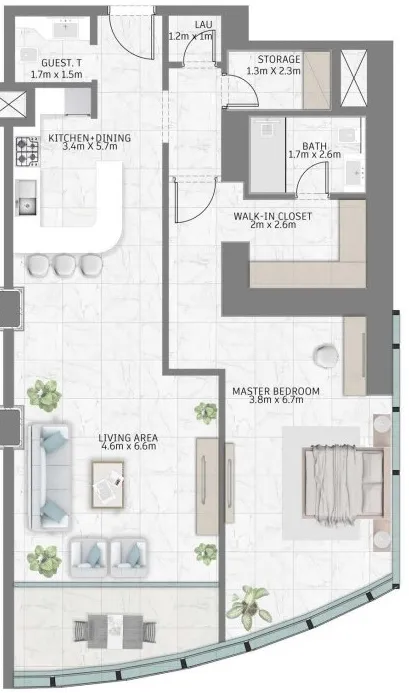 Al Habtoor Tower — планировка 1 BR Type C