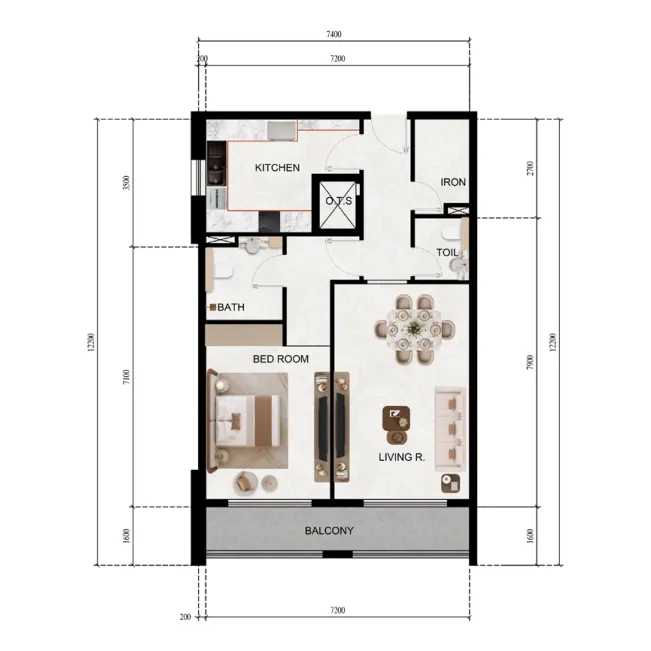 Lily Tower — планировка 1 BR Type 03 (27-34)