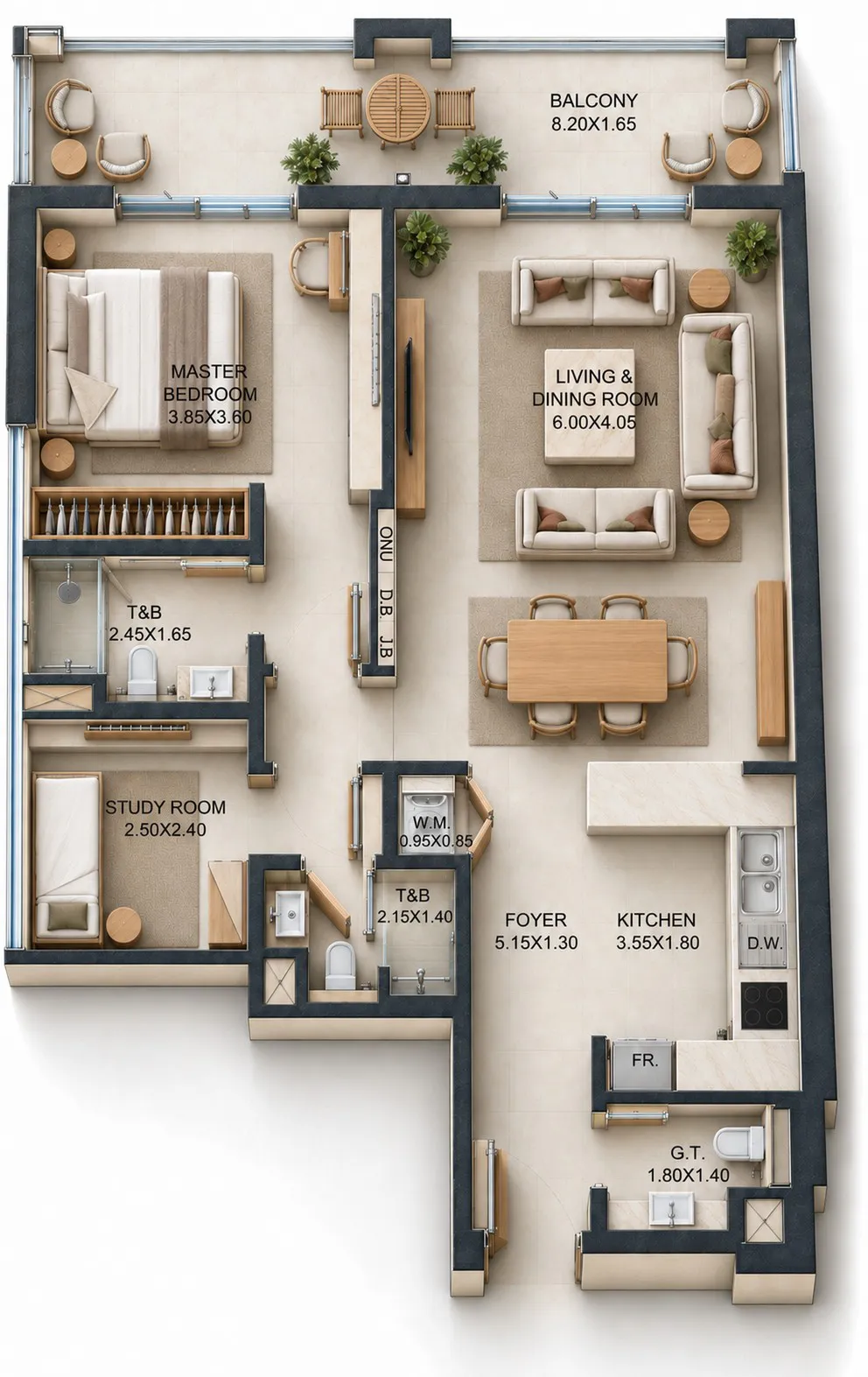 Reeman Residence 02 — планировка 1BR+Study B