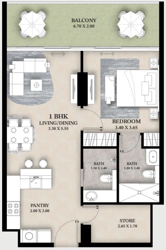Ventana Residences — планировка 1.5 BR Typical Unit