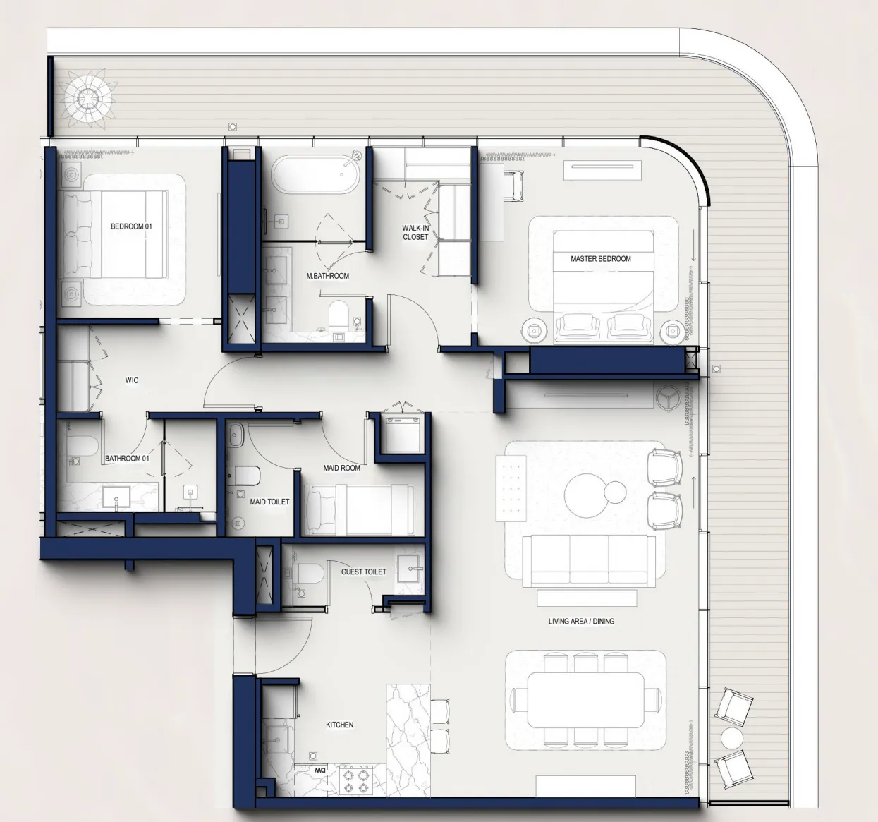 Hilton Residences — планировка 2BR + MAID (A)