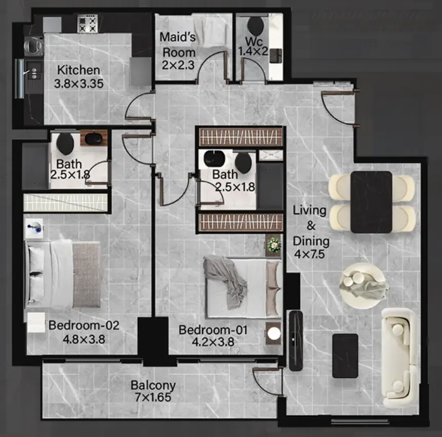 Rose Gardens 2 — планировка 2 BR Type A