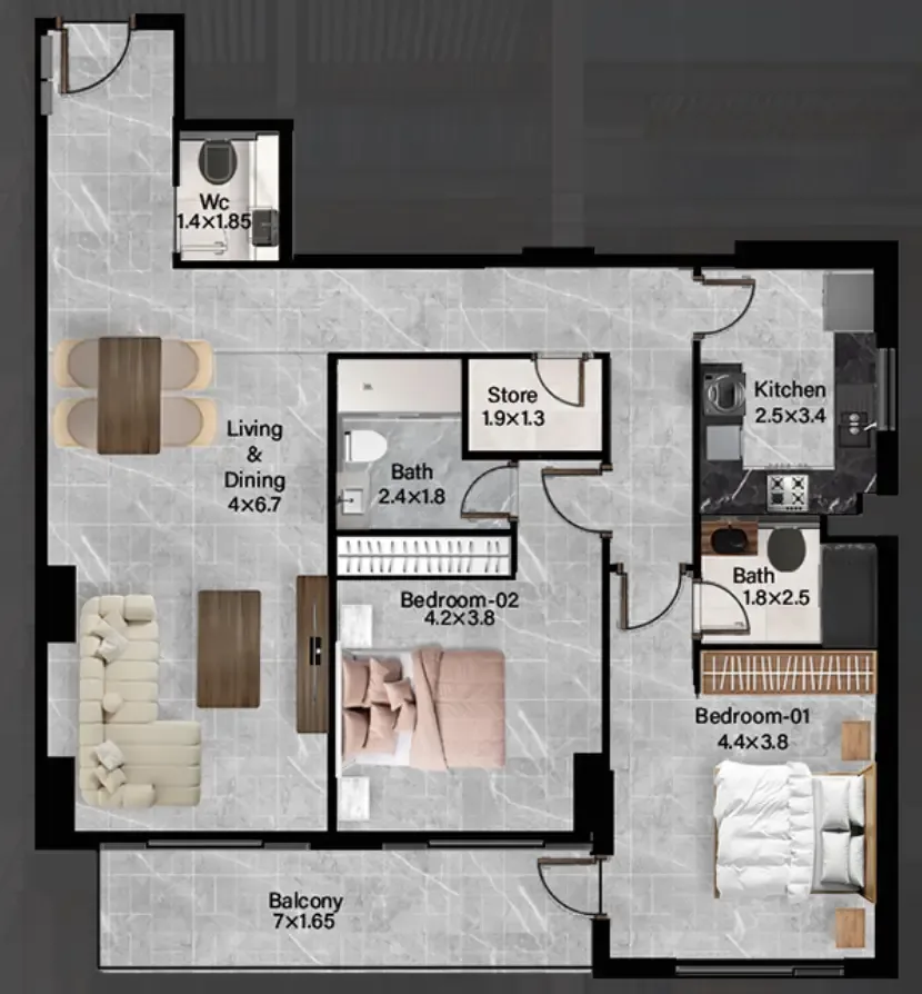 Rose Gardens 2 — планировка 2 BR Type B