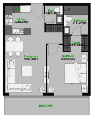 The Central Downtown — планировка 1 BR C2004