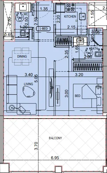 Binghatti Titania — планировка 1 BR Type H