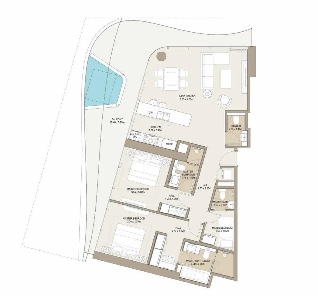 Laguna Residence — планировка 2 BR Type AD