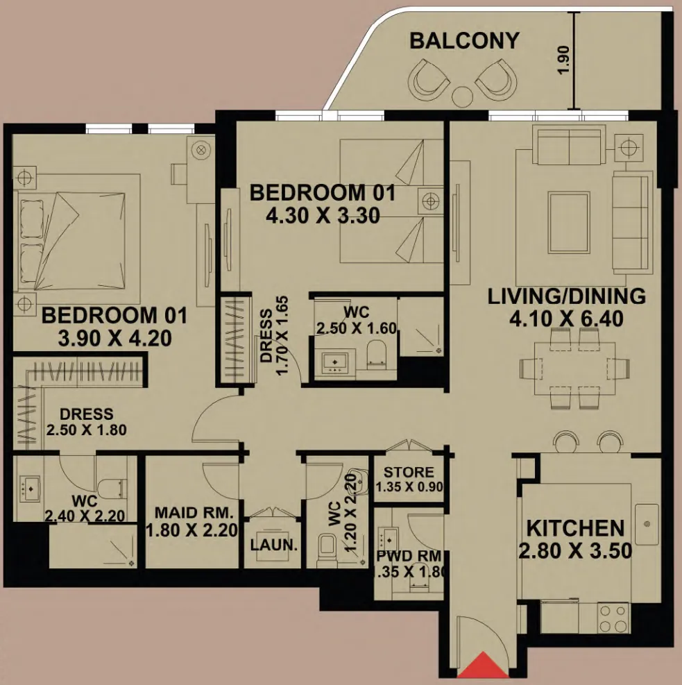 Timber Terrace — планировка 2 BR APARTMENT - TYPЕ 2