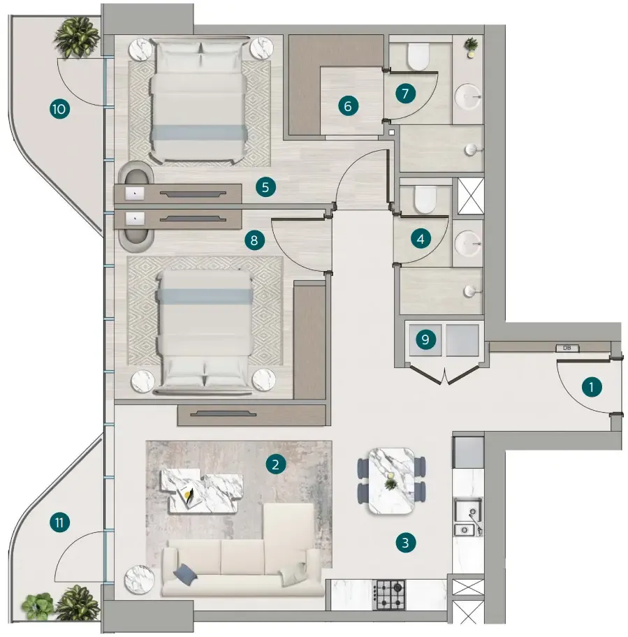 Flora Shore Beachside Residences — планировка 2 BR Type C