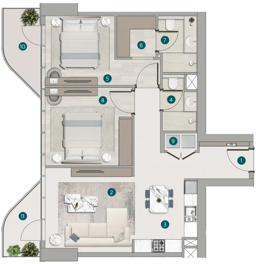 Flora Shore Beachside Residences — планировка 2 BR Type J