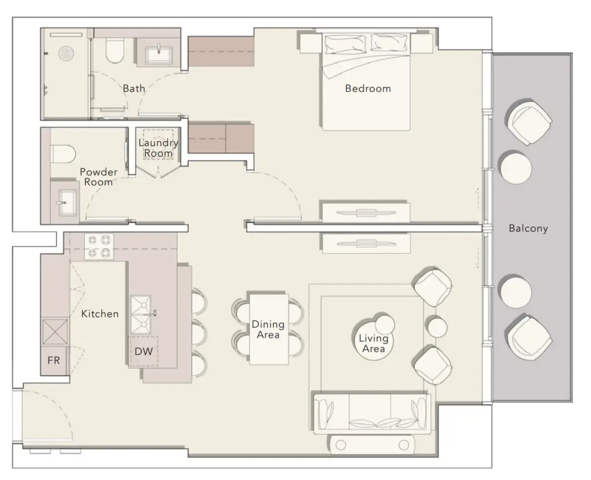 One River Point — планировка 1 BR Type K