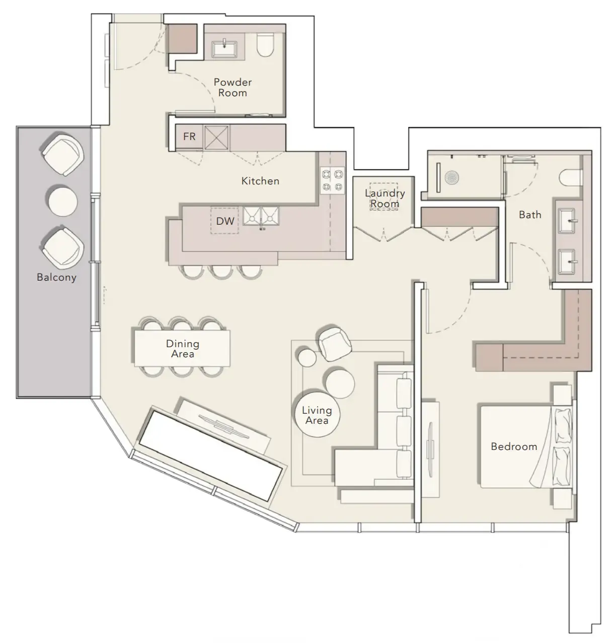 One River Point — планировка 1 BR Type M