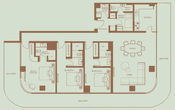 Eden House The Park — планировка 3 BR Type AW