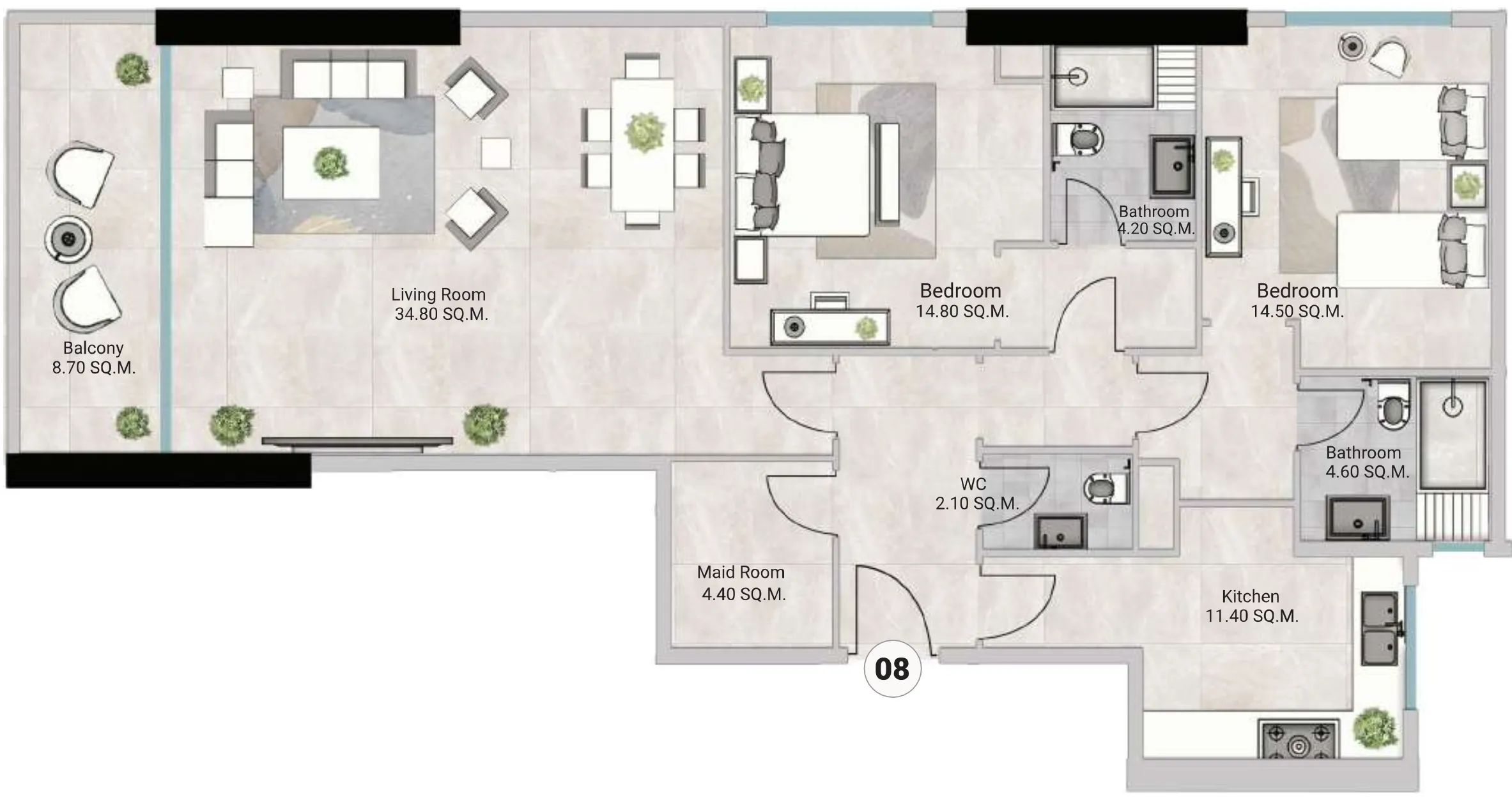Oasis Tower 3 — планировка 2 BR Type B