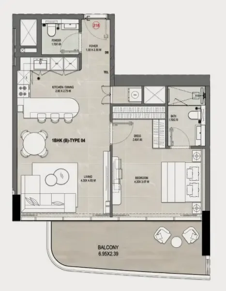 Rabdan Gates — планировка 1 BR Type A