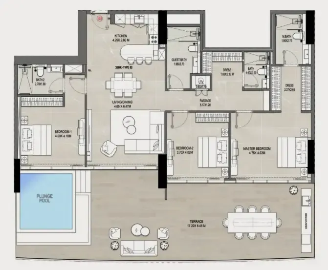 Rabdan Gates — планировка 3 BR Type A