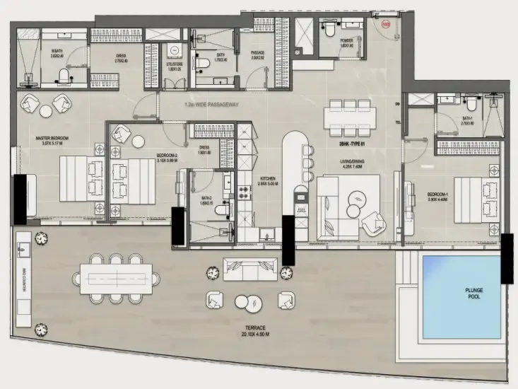 Rabdan Gates — планировка 3 BR Type B