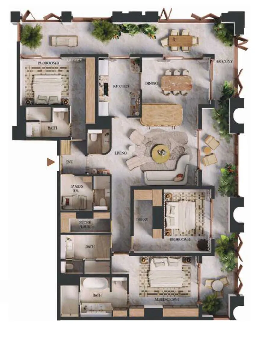 Elire Managed by LUX — планировка 3 спальни