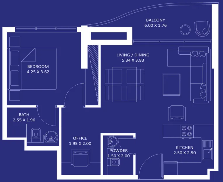 Oceanz — планировка 1 BR Type BD