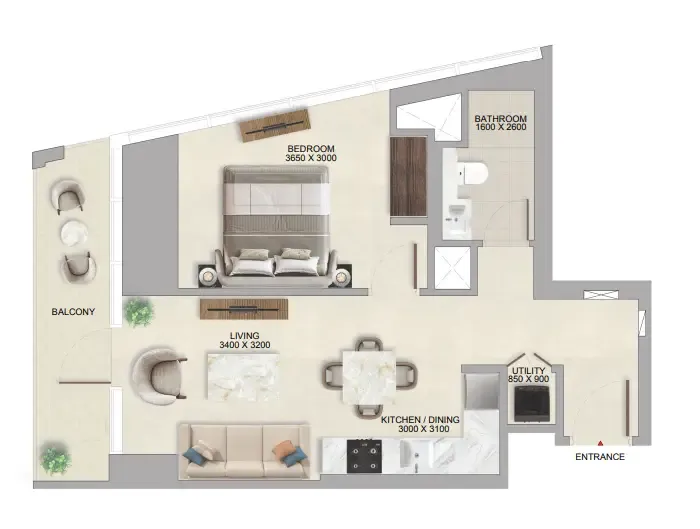 The Tranquil at Sobha Central — планировка 1 BR Type G