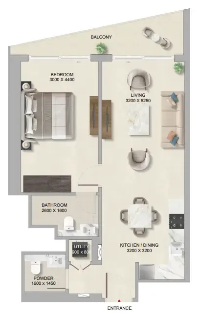 The Tranquil at Sobha Central — планировка 1 BR Type H
