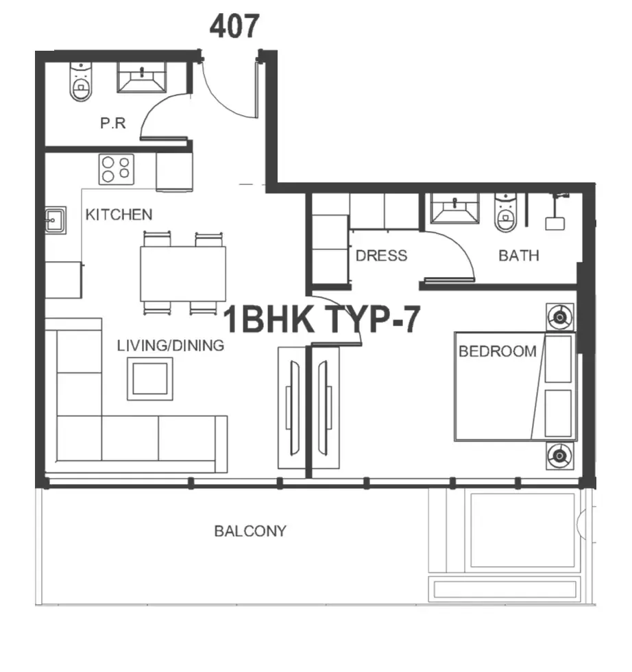 Interstellar Tower — планировка 1 BR Type AA