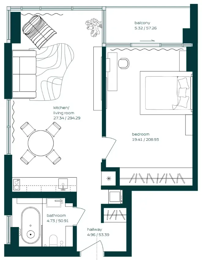 Vibe — планировка 1 BR Type AA