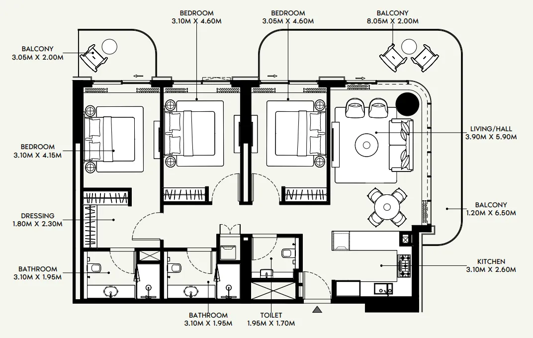Azizi Venice — планировка 3 BR Type GT