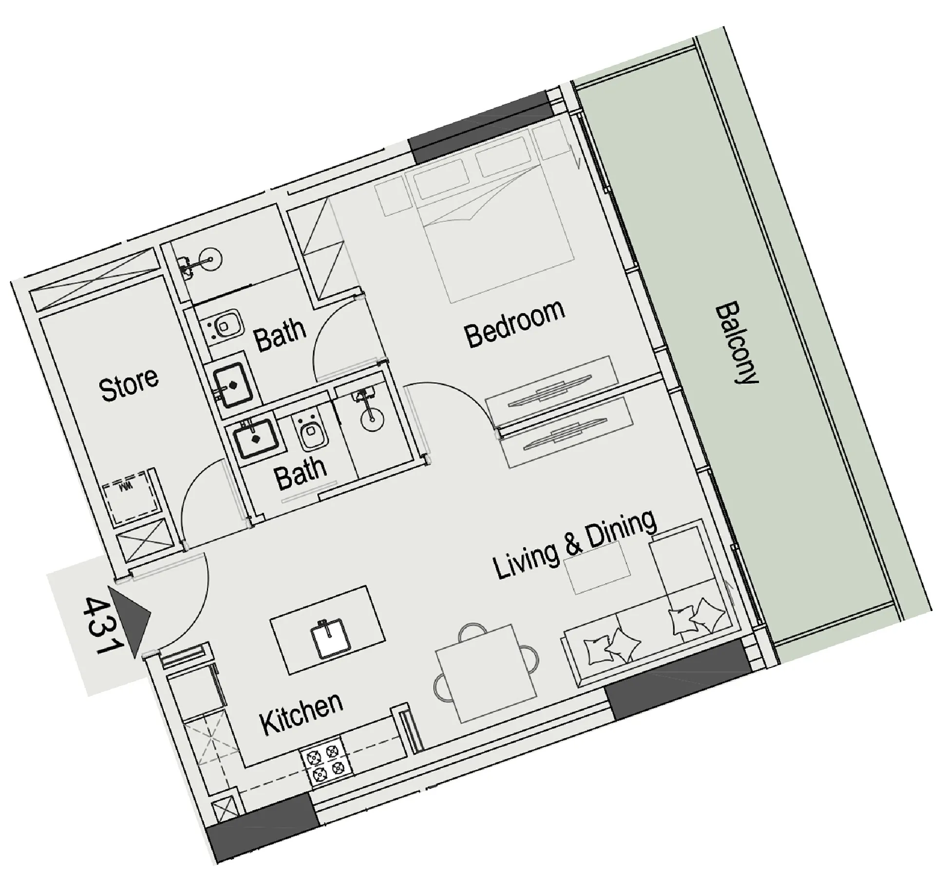 15 Cascade Featured by Versace Ceramics — планировка 1 BR Type B