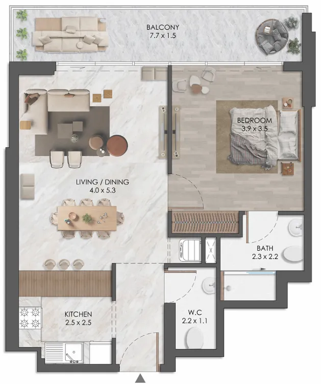 Almaara Residences — планировка 1BR Type 01