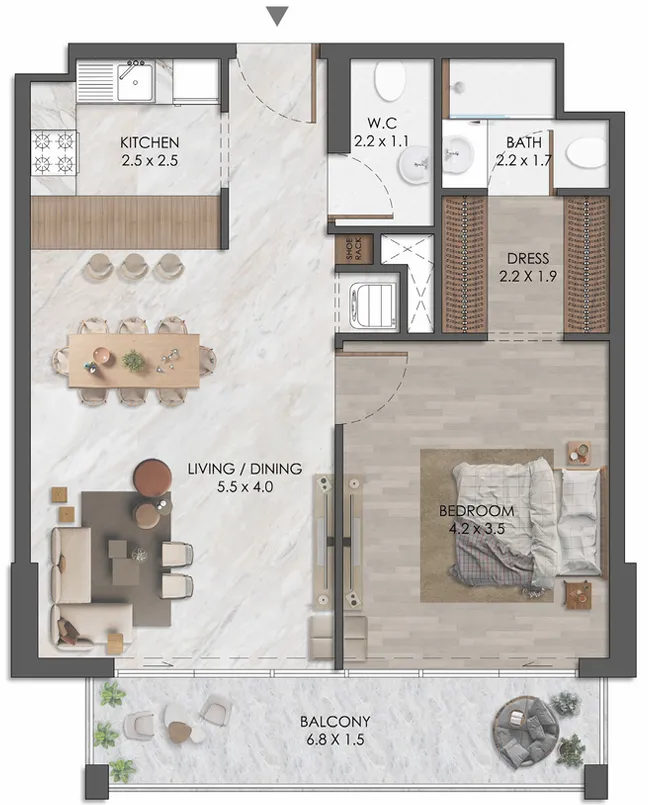 Almaara Residences — планировка 1BR Type 02
